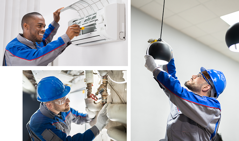 collage of technicians doing HVAC, plumbing, and electrical repairs